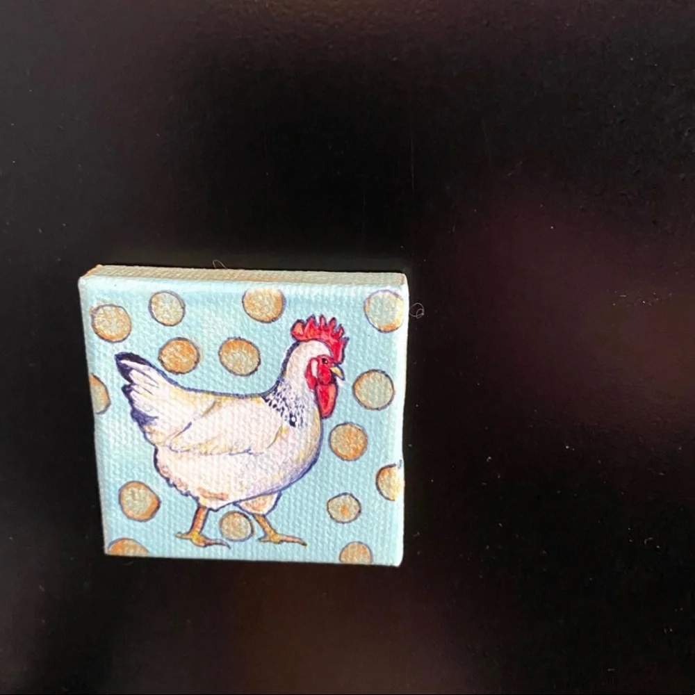 Hand painted mini art magnet rooster hen canvas gift country polka dots artwork